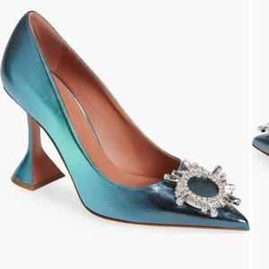 New Amina Muaddi Begum Brooch Pointed Toe Pump Deep Sea Metallic Blue Sz 37 7